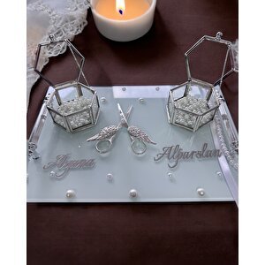 Bonding Gümüş Beyaz İncili Söz Tepsisi Nişan Tepsisi Ve Damat Kahve Fincan Tepsisi