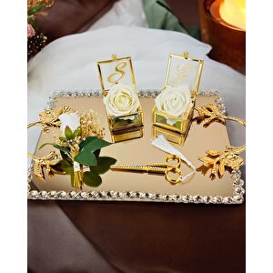 Amour Gold Lüks Swarovski Söz Nişan Tepsisi Lacivert
