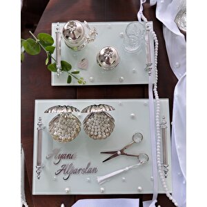 Bonding Gümüş Beyaz İncili Söz Tepsisi Nişan Tepsisi Ve Damat Kahve Fincan Tepsisi Gri