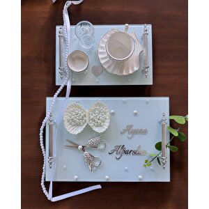 Bonding Gümüş Beyaz İncili Söz Tepsisi Nişan Tepsisi Ve Damat Kahve Fincan Tepsisi Kırmızı