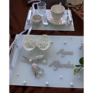 Bonding Gümüş Beyaz İncili Söz Tepsisi Nişan Tepsisi Ve Damat Kahve Fincan Tepsisi