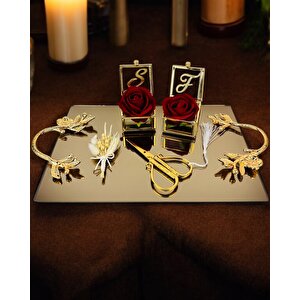 Amour Gold Lüks Swarovski Söz Nişan Tepsisi Bronz