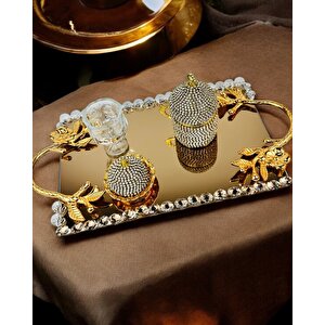 Amour Gold Lüks Swarovski Söz Nişan Tepsisi Kırmızı