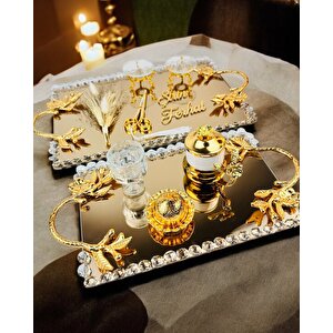 Amour Gold Lüks Swarovski Söz Nişan Tepsisi Siyah