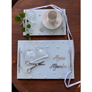 Bonding Gümüş Beyaz İncili Söz Tepsisi Nişan Tepsisi Ve Damat Kahve Fincan Tepsisi Siyah