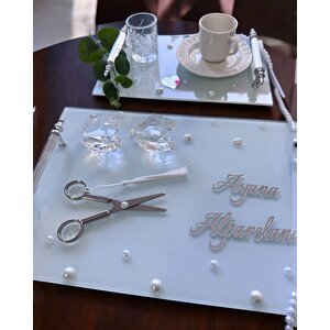 Bonding Gümüş Beyaz İncili Söz Tepsisi Nişan Tepsisi Ve Damat Kahve Fincan Tepsisi