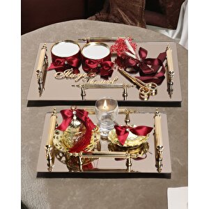 Reverence Gold 4 Kulplu Söz Tepsisi Ve Damat Kahve Fincanı Kırmızı
