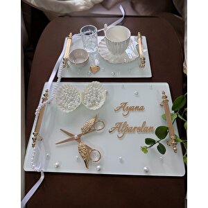 Bonding Gold Beyaz İncili Söz Tepsisi Nişan Tepsisi Ve Damat Kahve Fincan Tepsisi Bordo