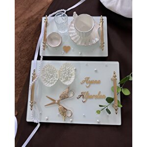 Bonding Gold Beyaz İncili Söz Tepsisi Nişan Tepsisi Ve Damat Kahve Fincan Tepsisi Bordo