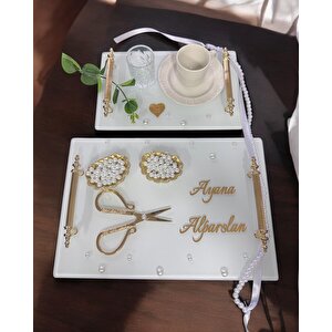 Bonding Gold Beyaz İncili Söz Tepsisi Nişan Tepsisi Ve Damat Kahve Fincan Tepsisi Pembe