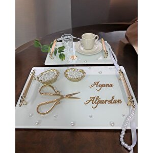 Bonding Gold Beyaz İncili Söz Tepsisi Nişan Tepsisi Ve Damat Kahve Fincan Tepsisi Pembe
