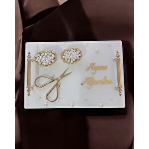 Bonding Gold Beyaz İncili Söz Tepsisi Nişan Tepsisi Ve Damat Kahve Fincan Tepsisi Pembe