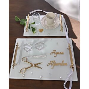 Bonding Gold Beyaz İncili Söz Tepsisi Nişan Tepsisi Ve Damat Kahve Fincan Tepsisi