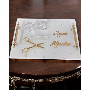 Bonding Gold Beyaz İncili Söz Tepsisi Nişan Tepsisi Ve Damat Kahve Fincan Tepsisi