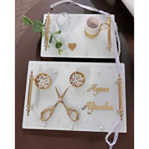 Bonding Gold Beyaz İncili Söz Tepsisi Nişan Tepsisi Ve Damat Kahve Fincan Tepsisi Kırmızı