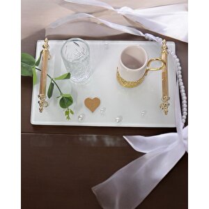 Bonding Gold Beyaz İncili Söz Tepsisi Nişan Tepsisi Ve Damat Kahve Fincan Tepsisi Kırmızı