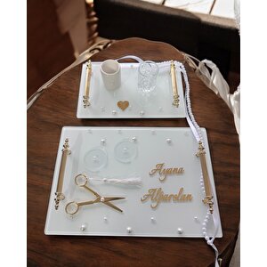 Bonding Gold Beyaz İncili Söz Tepsisi Nişan Tepsisi Ve Damat Kahve Fincan Tepsisi