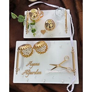 Bonding Gold Beyaz İncili Söz Tepsisi Nişan Tepsisi Ve Damat Kahve Fincan Tepsisi Mor