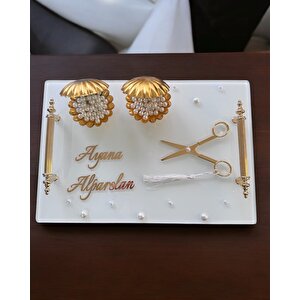 Bonding Gold Beyaz İncili Söz Tepsisi Nişan Tepsisi Ve Damat Kahve Fincan Tepsisi Mor