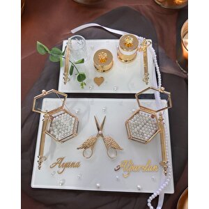 Bonding Gold Beyaz İncili Söz Tepsisi Nişan Tepsisi Ve Damat Kahve Fincan Tepsisi Gri