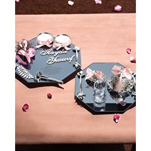 Affinity Sekizgen Gümüş Söz Nişan Tepsisi Ve Damat Kahve Fincan Tepsi Seti Pembe