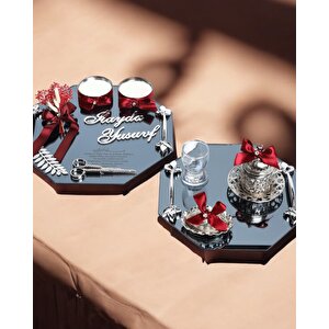 Affinity Sekizgen Gümüş Söz Nişan Tepsisi Ve Damat Kahve Fincan Tepsi Seti Kırmızı