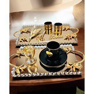 Amour Gold Lüks Swarovski Söz Nişan Tepsisi Krem