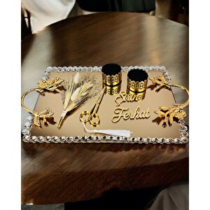 Amour Gold Lüks Swarovski Söz Nişan Tepsisi Krem