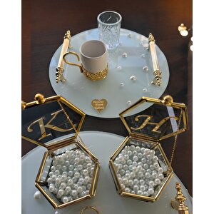 Beloved Gold Beyaz İncili Söz Tepsisi Nişan Tepsisi Ve Damat Kahve Fincan Tepsisi Gold
