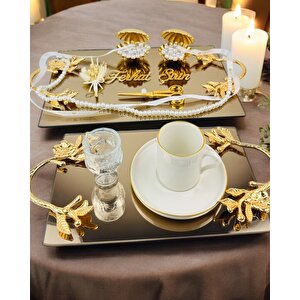 Amour Gold Lüks Swarovski Söz Nişan Tepsisi Beyaz