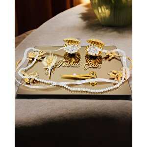 Amour Gold Lüks Swarovski Söz Nişan Tepsisi Beyaz
