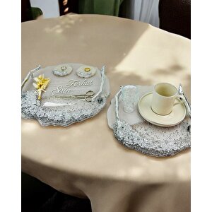 Enchant Gümüş Polyester Söz Tepsisi Ve Damat Kahve Fincan Tepsisi Gümüş