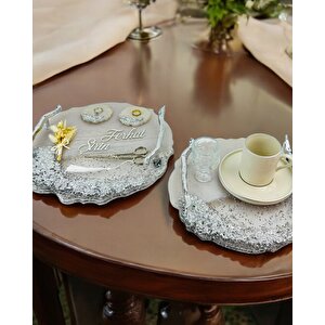 Enchant Gümüş Polyester Söz Tepsisi Ve Damat Kahve Fincan Tepsisi Gümüş