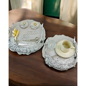 Enchant Gümüş Polyester Söz Tepsisi Ve Damat Kahve Fincan Tepsisi Gümüş
