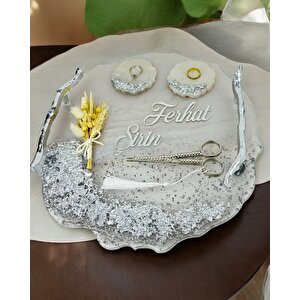 Enchant Gümüş Polyester Söz Tepsisi Ve Damat Kahve Fincan Tepsisi