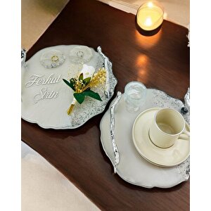 Enchant Gümüş Polyester Söz Tepsisi Ve Damat Kahve Fincan Tepsisi Krem