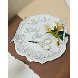 Enchant Gümüş Polyester Söz Tepsisi Ve Damat Kahve Fincan Tepsisi Krem