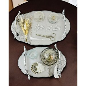 Enchant Gümüş Polyester Söz Tepsisi Ve Damat Kahve Fincan Tepsisi Beyaz-Gümüş