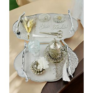 Enchant Gümüş Polyester Söz Tepsisi Ve Damat Kahve Fincan Tepsisi Beyaz-Gümüş