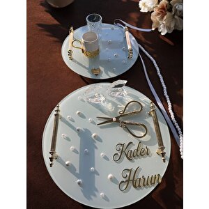 Beloved Gold Beyaz İncili Söz Tepsisi Nişan Tepsisi Ve Damat Kahve Fincan Tepsisi Beyaz