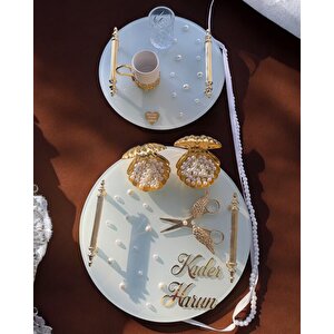 Beloved Gold Beyaz İncili Söz Tepsisi Nişan Tepsisi Ve Damat Kahve Fincan Tepsisi Gri
