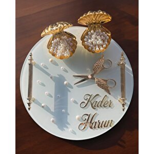 Beloved Gold Beyaz İncili Söz Tepsisi Nişan Tepsisi Ve Damat Kahve Fincan Tepsisi Gri