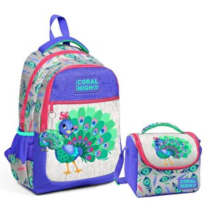 2li Set Tavuskuşu Desenli Okul Çantası Beslenme 23488
