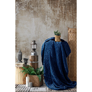 Elart Embos Battaniye Damask Desen Çift Kişilik Lacivert (220x240cm)