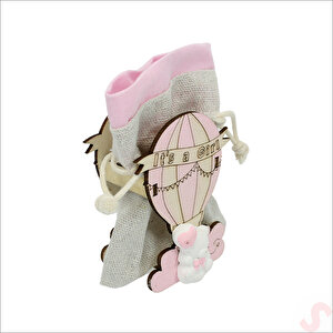 Ahşap Standlı 10cm X 8cm Kese, Pembe Uçan Balon - 1 Adet