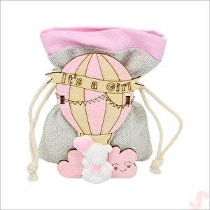 Ahşap Standlı 10cm X 8cm Kese, Pembe Uçan Balon - 1 Adet