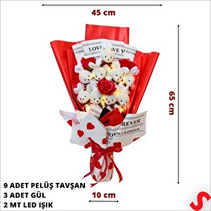 9 Beyaz Pelüş Tavşanlı Led Işıklı Kırmızı Buket, 65cm X 45cm