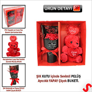 Kırmızı Pelüş Ayıcıklı Ve Kutulu Yapay Çiçek Buketi - 25cm