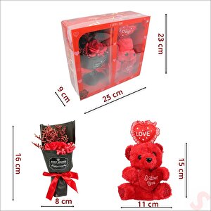 Kırmızı Pelüş Ayıcıklı Ve Kutulu Yapay Çiçek Buketi - 25cm