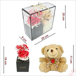 Kahve Pelüş Ayıcıklı Ve Kutulu Yapay Çiçek Buketi - 20cm